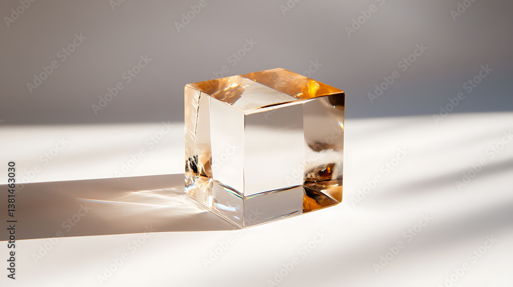 Poster abstract clear cube casting shadows. minimalist modern design. sunlight illuminates the geometric sh