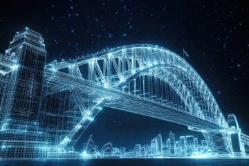 Obraz premium Futuristic digital wireframe of Harbour Bridge showcasing advanced technology and urban skyline