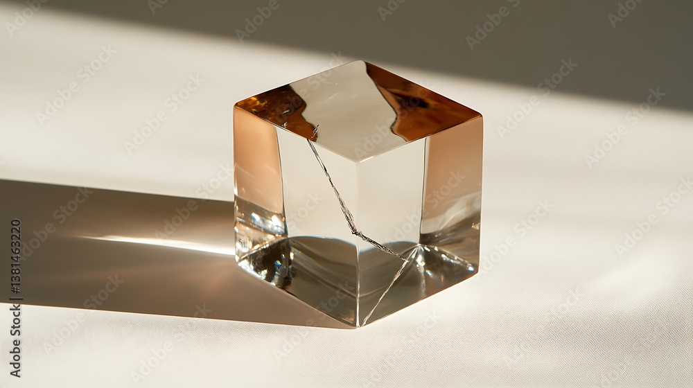 Poster a translucent cube with unique inclusions casting intricate shadows on a neutral surface, symbolizin