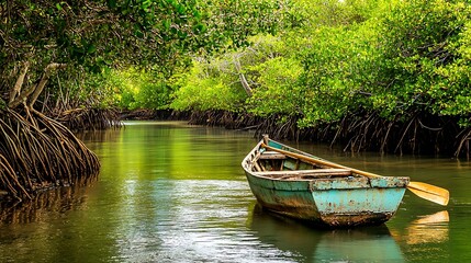 Obraz premium A tranquil wooden boat glides through a lush mangrove waterway. Tranquil, serene, natural, lush vegetation, dense foliage, roots, calm water, boat, waterway, exploration, journey