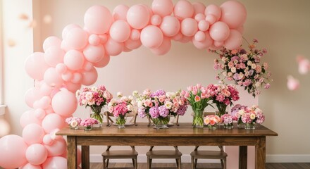 Pink Balloon Arch and Floral Table Decor - Elegant celebration, rustic charm, pastel pink balloons, fresh flower arrangements, wooden table. Symbolizing joy, romance, beauty, new beginnings