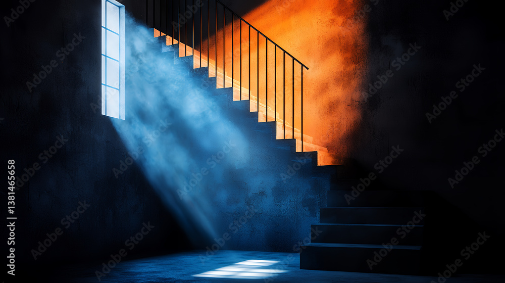 Poster dramatic scene of staircase illuminated by contrasting light from window, creating mysterious atmosp