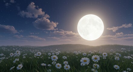 Obraz premium Moonlit Daisies Night Landscape - Serene moonlit field, daisies blooming under the night sky, symbolizing peace, tranquility, dreams, hope, and nature's beauty