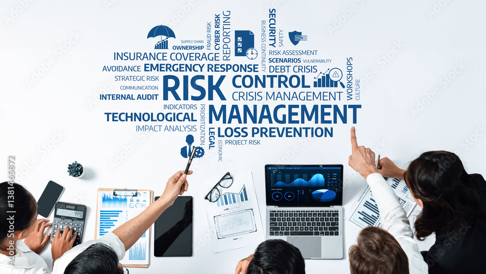 Poster this image illustrates a collaborative business environment focused on risk management, showcasing k
