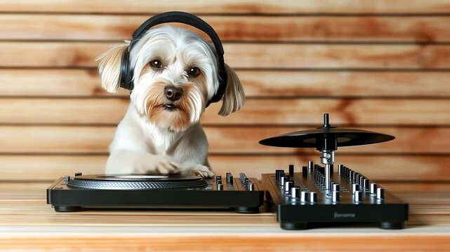Cute white dog wearing headphones mixing music on a dj set