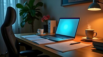 Fototapeta premium Cozy Home Office Setup: Overtime, Online Learning, or Freelance Concept.