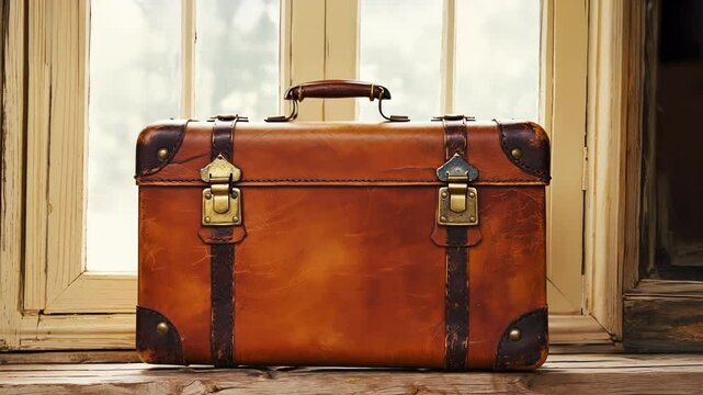 Old brown leather suitcase sitting on a wooden window sill, evoking memories of past journeys and adventures