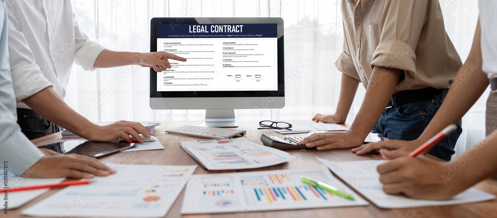 Poster digital legal contract provide terms and conditions document on computer screen ready for online dig