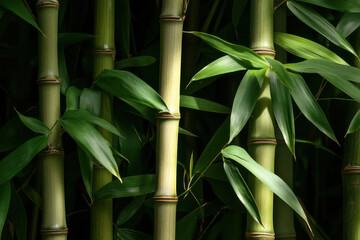 Green bamboo stalks growing in sunlight in a bamboo forest