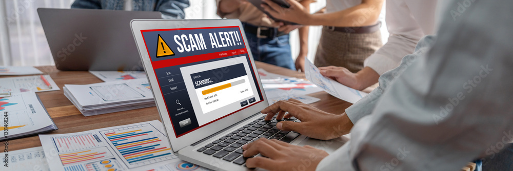 Poster cyber security software show alert of cyber attack for protection brisk. danger from virus, phishing