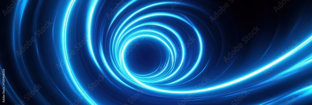 Poster neon swirl effect with vibrant blue light creating abstract curves in a dark background