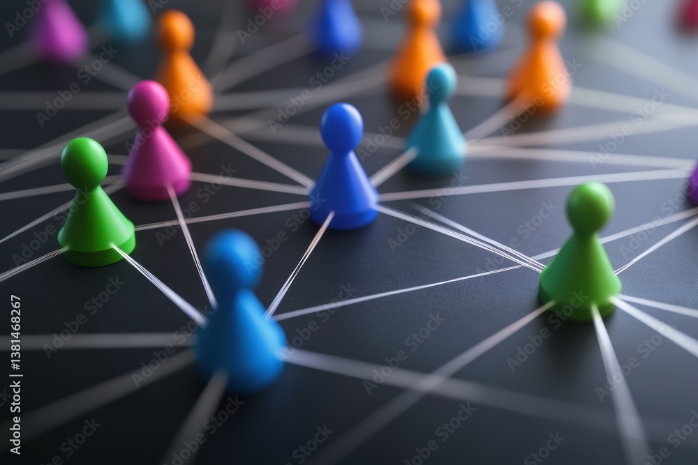 Poster network of students connected online through colorful figures and lines representing communication