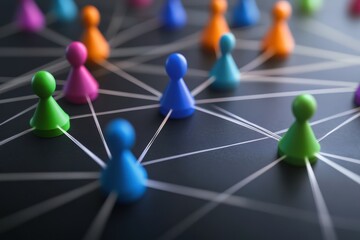 Network of students connected online through colorful figures and lines representing communication