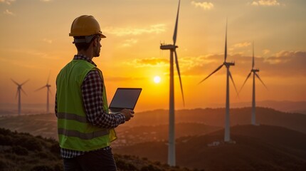 Engineer Overseeing Wind Turbines at Sunset – Sustainable Energy Concept
