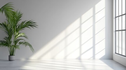 Obraz premium Minimalist Room Interior Design White Wall Plant Pot Sunlight Shadow Modern Home Decor Bright Space Empty Room Clean Apartment Stylish Background 