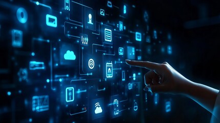 Finger pointing at glowing blue interface with cloud and mobile app icons on a dark background