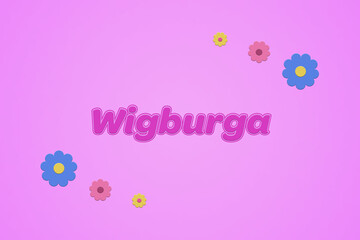 Wigburga female girl name illustration in pink with blossoms, flowers