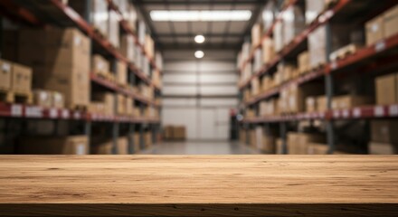 Obraz premium Warehouse Tabletop Product Display - Wooden table, warehouse background, product placement, warm lighting, business concept