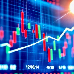 A digital display shows a candlestick chart with red and green bars, overlaid with white trend lines and numerical data, against a blue grid background with a bright spot.
