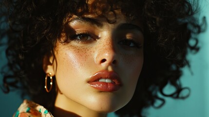 Obraz premium Beautiful Woman Portrait Freckles Curly Hair Sunlit Skin Closeup Fashion Model Girl Beauty Natural Makeup Golden Earrings Studio Shot Soft Light 