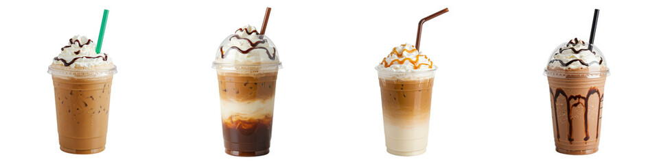 Four iced coffees topped with whipped cream and flavored syrups.