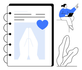 Open notebook with prayer hands and heart graphic, woman pointing while working on laptop, abstract plant. Ideal for mindfulness, spirituality, productivity, focus, journaling, gratitude calm