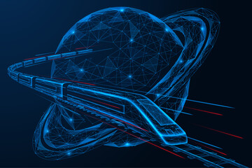 High-speed space transport. The train is coming from the planet Saturn. Low-poly design of interconnected lines and dots. Blue background.
