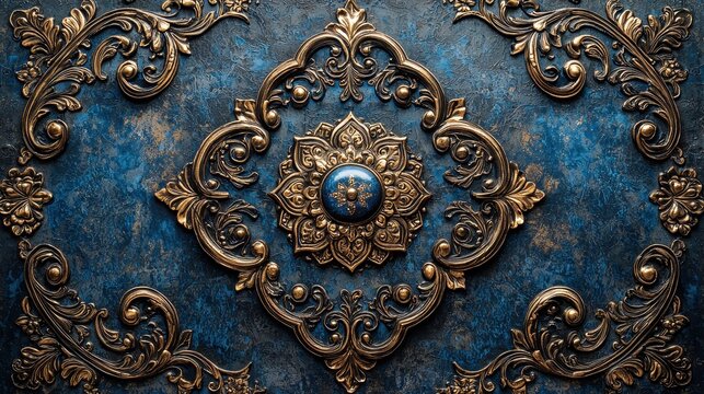 A luxurious royal blue and gold baroque wallpaper design, featuring elaborate flourishes, gilded accents, and intricate damask motifs. 