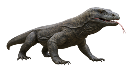 Komodo Dragon Walking with Tongue Out Isolated on White Background