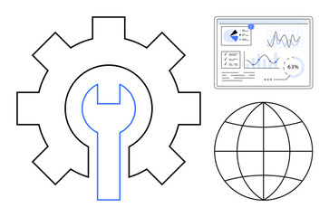 Gear and wrench icon symbolizing tools and tech, global grid for connectivity, and data dashboard for digital insights. Ideal for technology, innovation, analytics, tools, engineering, global