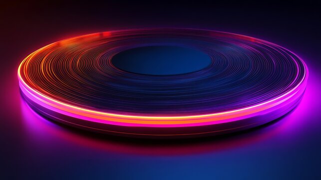 Illuminated disc with concentric rings and a central void in a dark and colorful environment