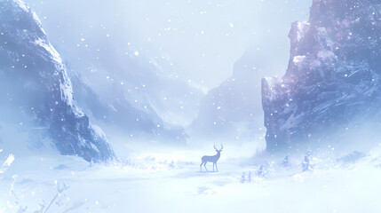 Majestic deer in a mystical snowy landscape, fading into the ethereal mist, evoking a sense of wonder. Fading Echo. Illustration