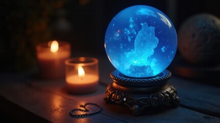 Mystical glowing crystal ball displaying blue galaxy in candlelit room