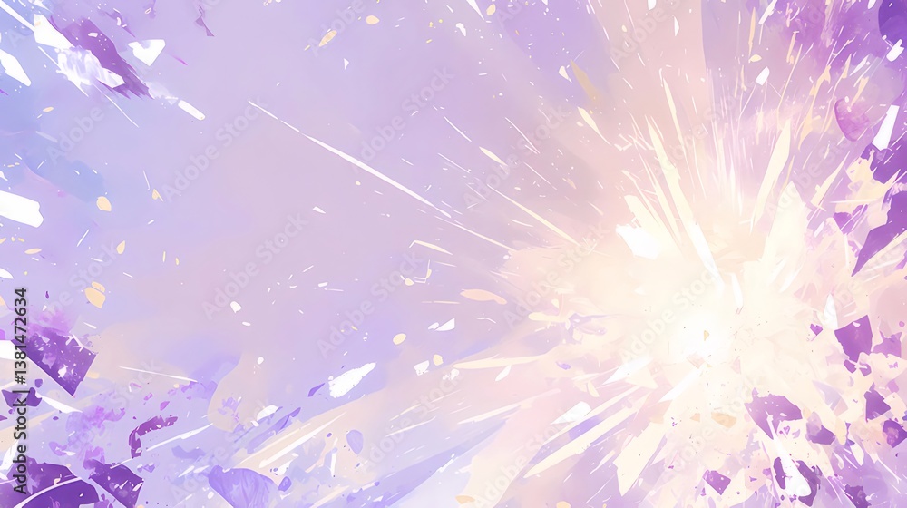 Poster exploding light with abstract purple hues and scattered sparkle background with digital art style
