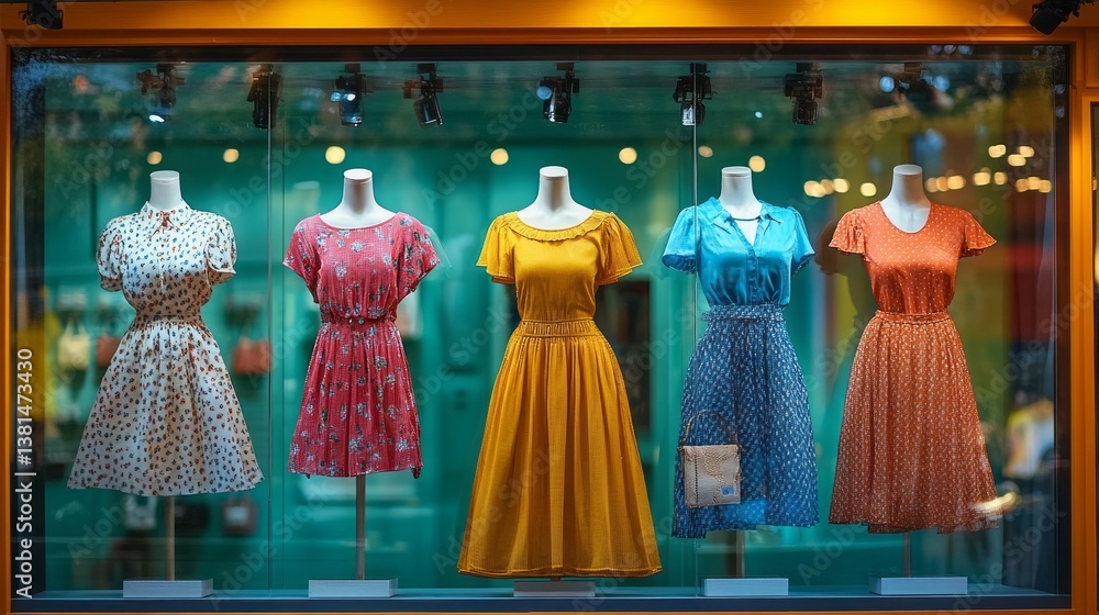 Poster elegant dresses in various hues and patterns adorn mannequins in a boutique window. the soft lightin
