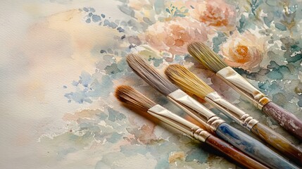 Fototapeta premium Artistic Watercolor Paintbrushes on Soft Pastel Floral Watercolor Painting Background High Resolution Image Detailed Texture fine tool work hand made