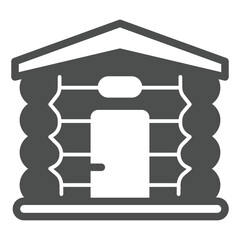 Wooden house with logs and door solid icon, forest industry concept. Vector graphics. Bath building sign on white background, glyph style icon for mobile or web design.