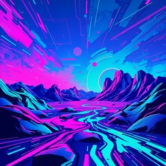Futuristic Neon Landscape with Mountain Range and Glowing Sky