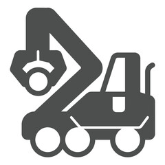 Crane with mechanical arm solid icon, forest industry concept. Vector graphics. Crane machine with tree trunk, heavy transport sign on white background, glyph style icon for mobile or web design.