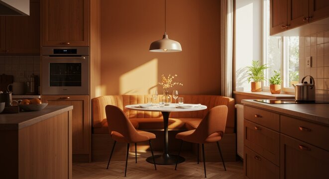 Sunlit Kitchen Nook Breakfast Area - Warm sunlight streams into a cozy kitchen nook, perfect for a morning meal. A built-in banquette offers comfortable seating