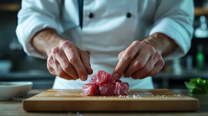 A professional chef skillfully manipulating fresh tuna in a bustling kitchen, showcasing the expertise and concentration required in preparing quality culinary dishes.