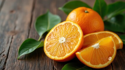 Fresh vibrant oranges displayed on rustic wooden table
