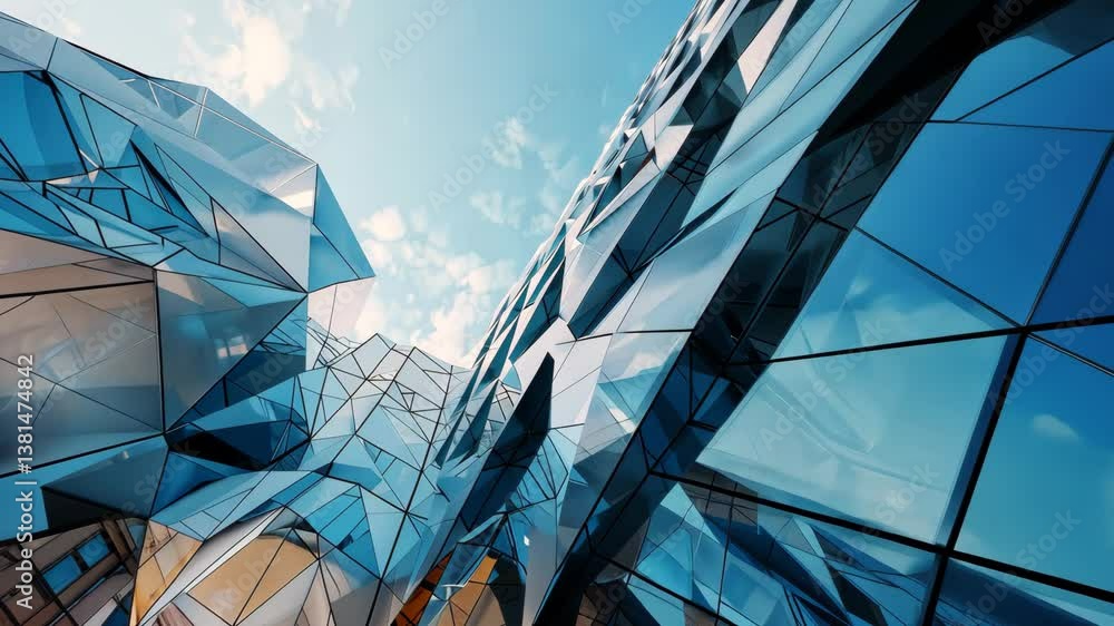 Poster modern architecture fractured into angular shapes, urban design disrupted by geometric disarray