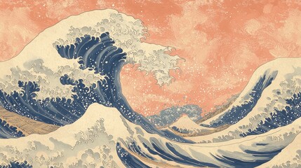 A seamless pattern of a gentle ocean wave, adorned with traditional Japanese oriental design elements, creating a calming and serene background illustration. 