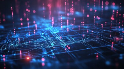 Fototapeta premium Abstract network background with glowing lines and dots in blue and pink colors creating a grid