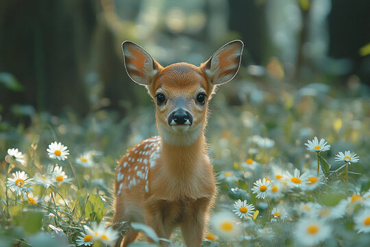 Close-Up Generative AI Image of a Young Fawn in a Meadow Surrounded by Wildflowers and Natural Spring Scenery