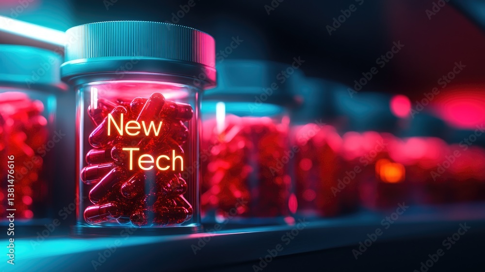 Poster a jar filled with red capsules glows with the words new tech representing innovation technological a