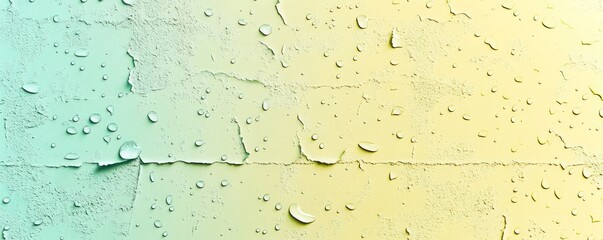 Obraz premium A pastel yellow and mint green gradient background with water droplets on a distressed painted wall