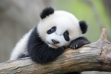 Fototapeta premium Adorable baby panda relaxing on a tree branch