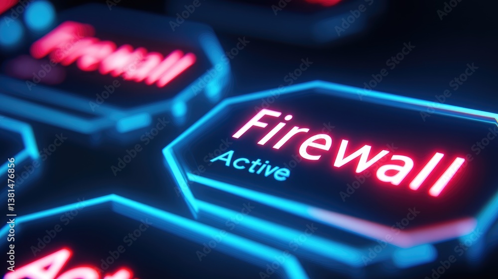 Poster active firewall security system neon interface digital technology abstract background